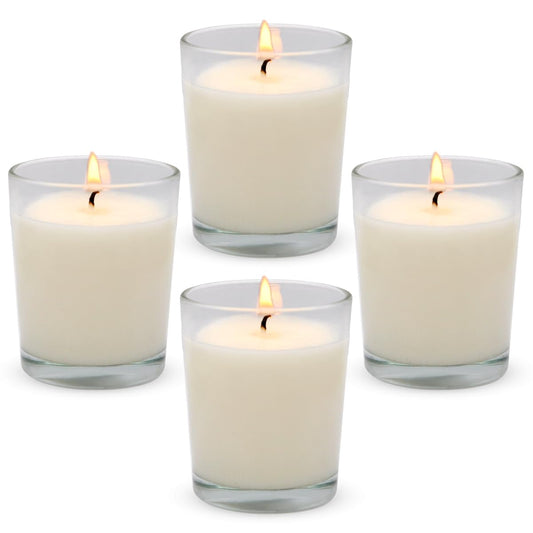 4 Packs Unscented White Votive Candles in Glass, 2 Inch Natural Soy Wax Scentless Candles for Christmas Wedding Party Home Decor Holidays Relaxation Spa, 12-15 Hour Burning Time