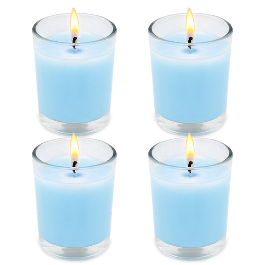 Set of 4 Babyblue Votive Candles Clear Glass Filled Unscented Soy Wax Candle for Home Spa Weddings Holiday Baby-Shower Party and DIY