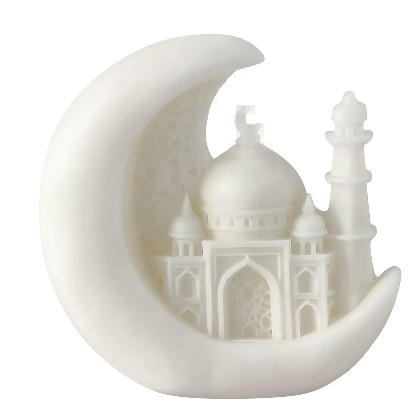 Mosque Architecture Shaped Scented Candle,White Carved Islamic Religious Theme Candle with Crescent Design,Smokeless Vanilla for Ramadan Spiritual Décor & Gift Giving (White-Moon)
