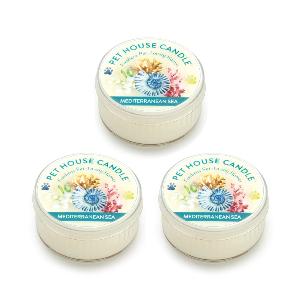 Pet House Mini Candles for Pet Odor Made with Natural Soy Wax, Plant Based, Dog and Cat Friendly Scented Candles, Mediterranean Sea Pack of 3