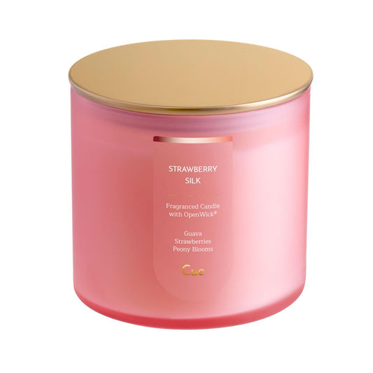 CUE Scented Candle | OpenWick Clean Burning | Soy Coconut Wax Blend | Spring | Summer | Clean Burning | Gift | Extended Burn Time (14oz, Strawberry Silk)