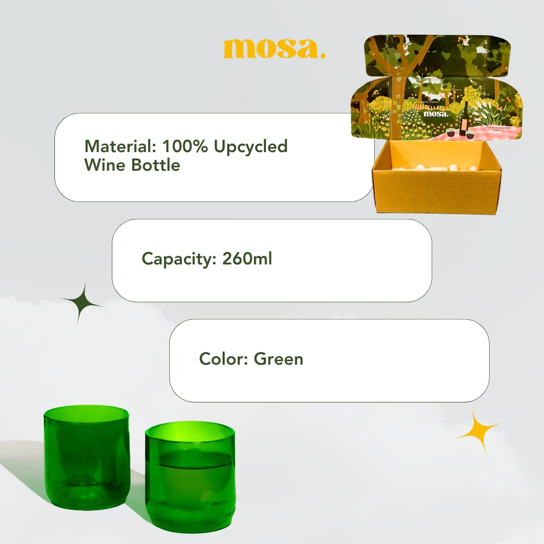 Mosa Wine Bottle Drinking Glasses (230ml, 7.7oz, Set of 2) – Upcycled Stemless Glassware for Wine, Cocktails & Everyday Use | Eco-Friendly Sustainable Drinking Glasses (Green)
