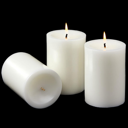 Ashlux 3x4 Inch White Pillar Candles, Set of 3 Wax, 56 Hours Long Burning, Unscented and Dripless Pillar Candles Bulk for Christmas Lights, Wedding, Parties, Spas, Home Decorative