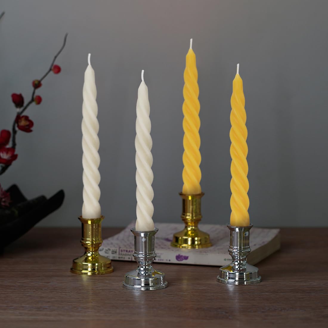 TELOSMA Beeswax Taper Candles Set of 4,Spiral Taper Candle Dripless Long Candle Sticks for Dinner Wedding Party Christmas Home Decorations - 7 Inch Tall - Yellow