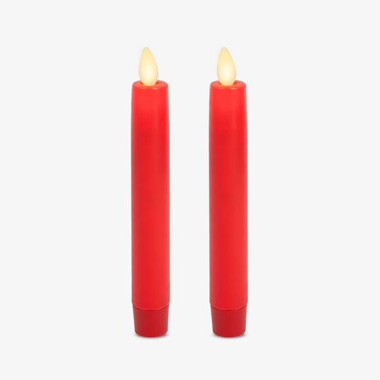 Luminara Set of 2 Flameless Candle Tapers (0.87" x 6.7") Flat Top Real Wax Unscented (True Red)