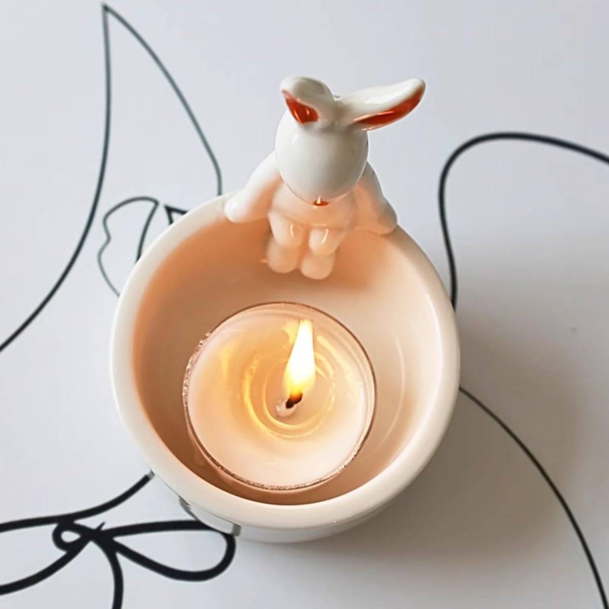 WARMCITY Handmade Animal Candle Holder, Lovely Kitten Canlestick Holder, Cartoon Figures Warming Its Paws Cute Light Holder for Candle Lovers- Candle NOT Included (Rabbit Red)