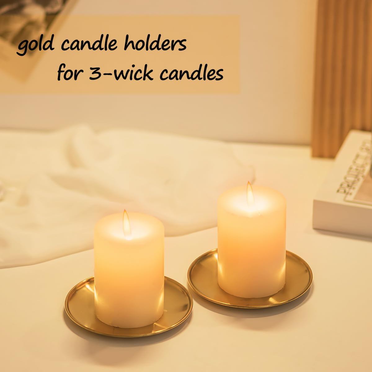 Romadedi Gold Pillar Candle Holders Decor - 5.5 Inch Round Candle Tray Decorative Brass Metal Plate Candle Srand for 3 Wick Candles Jars for Coffee Table Countertop Home Decorations, Set of 2