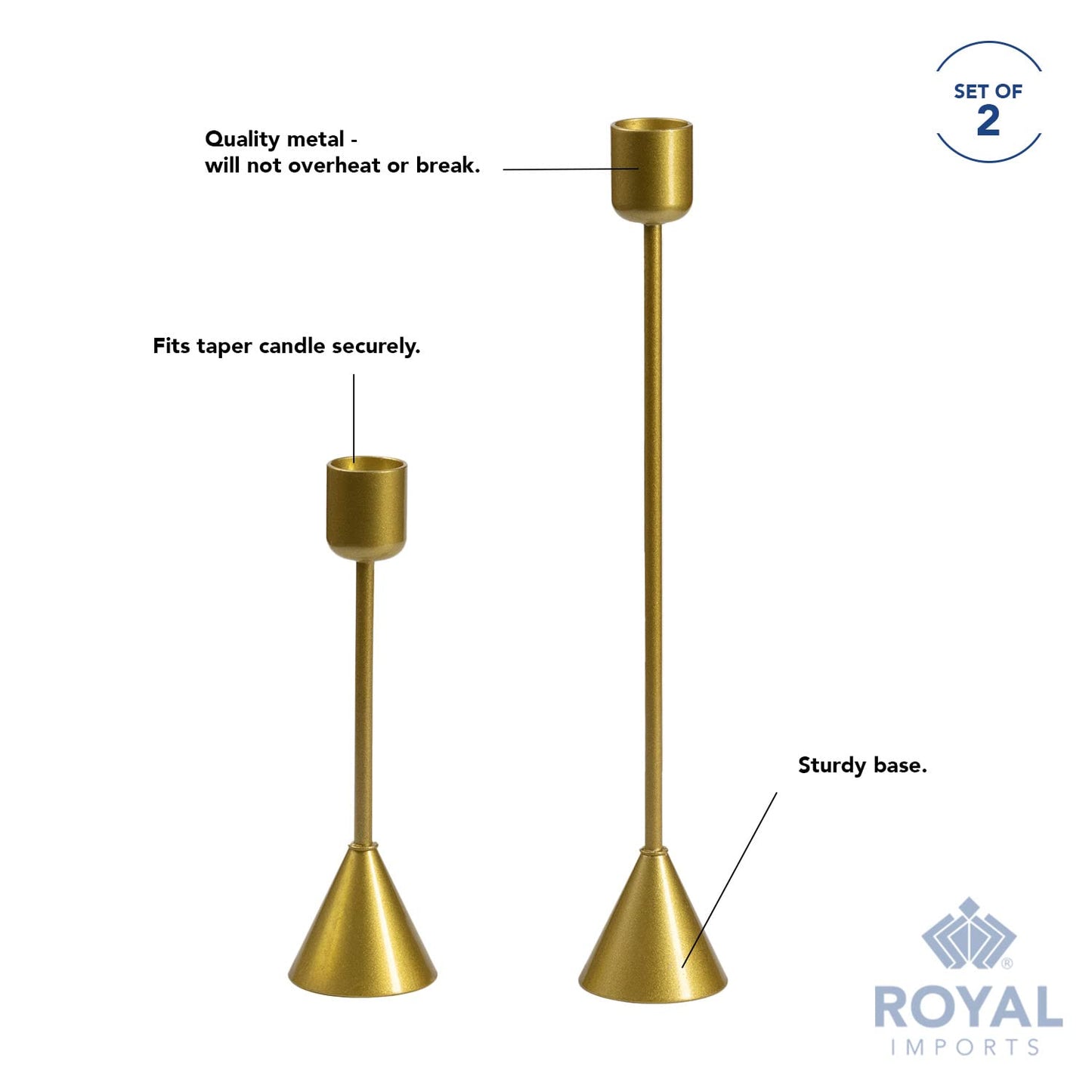 Royal Imports Gold Taper Candle Holder, Modern Metal Tapered Candlestick Holders, Centerpiece Decoration for Home or Wedding, 2 Pc Set, 6" & 10"