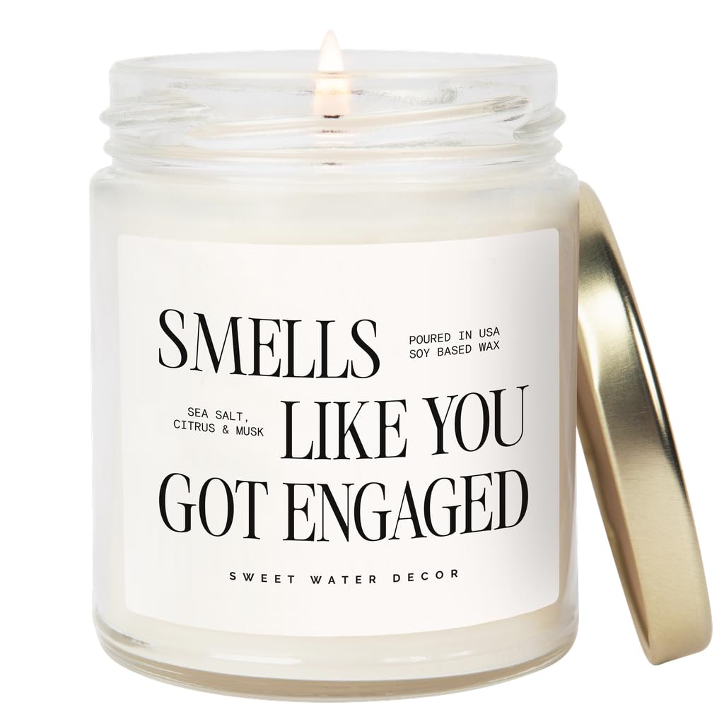 Sweet Water Decor Smells Like You Got Engaged Candle, Engagement Gift for Bride-to-Be Bridal Shower, 9oz Soy Candle with Gold Lid, Non-Toxic, Sea Salt Citrus Musk Amber Scent, Engagement Decorations
