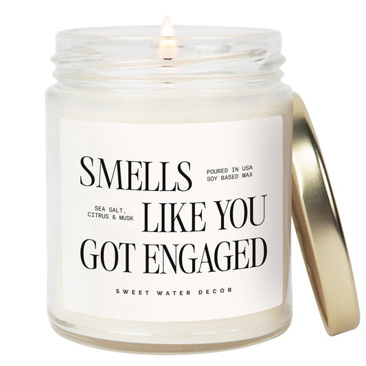 Sweet Water Decor Smells Like You Got Engaged Candle, Engagement Gift for Bride-to-Be Bridal Shower, 9oz Soy Candle with Gold Lid, Non-Toxic, Sea Salt Citrus Musk Amber Scent, Engagement Decorations