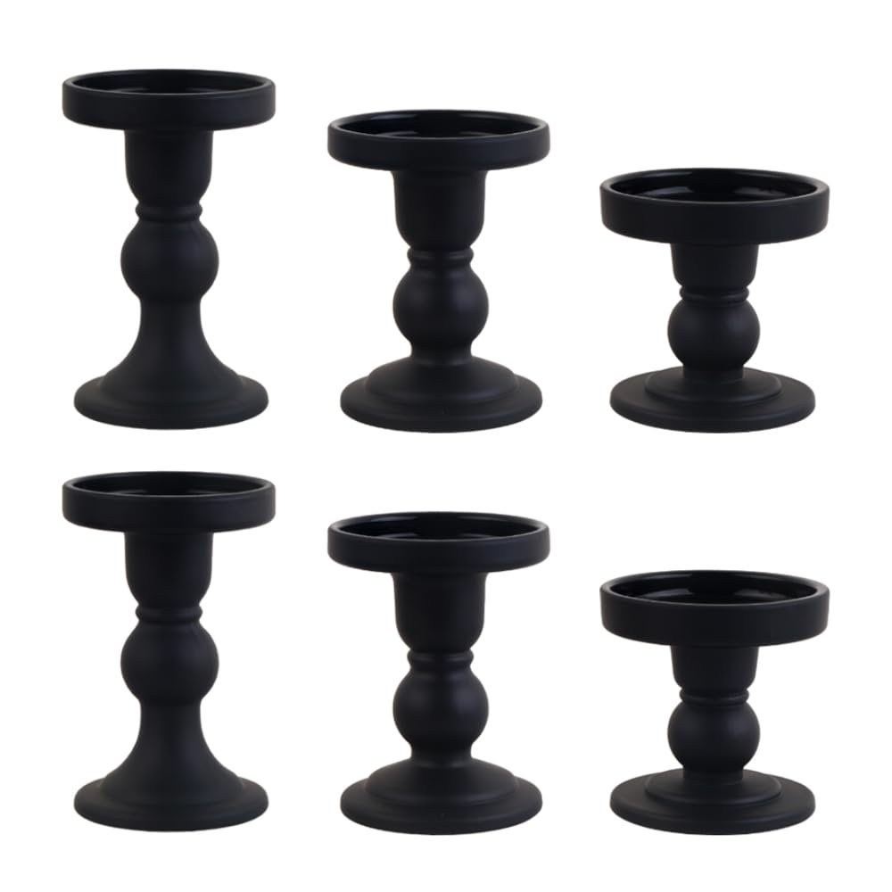 BTGLLAS 6-Piece Set of Black Glass Candlestick, Crystal Candlestick Holder Holder and Conical Candle, Christmas Candle Holder Decoration, Family Living Room Wedding Candle Holder (black2sets)