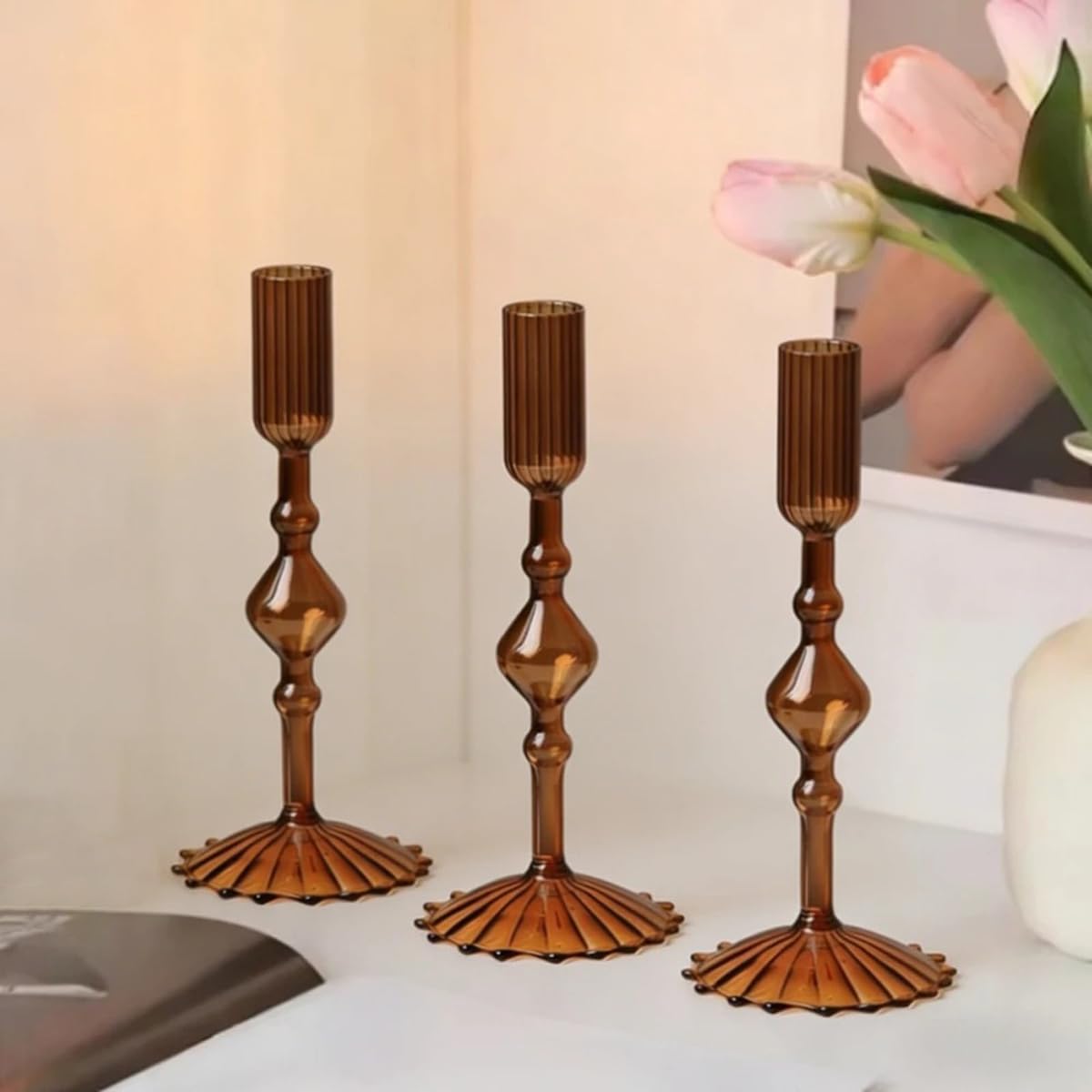 Mineaud 3Pcs Glass Candlestick Holders Glass Taper Candle Holders Groovy Wavy Elegant Candle Stick for Home Party Decoration,Styled-Coffee