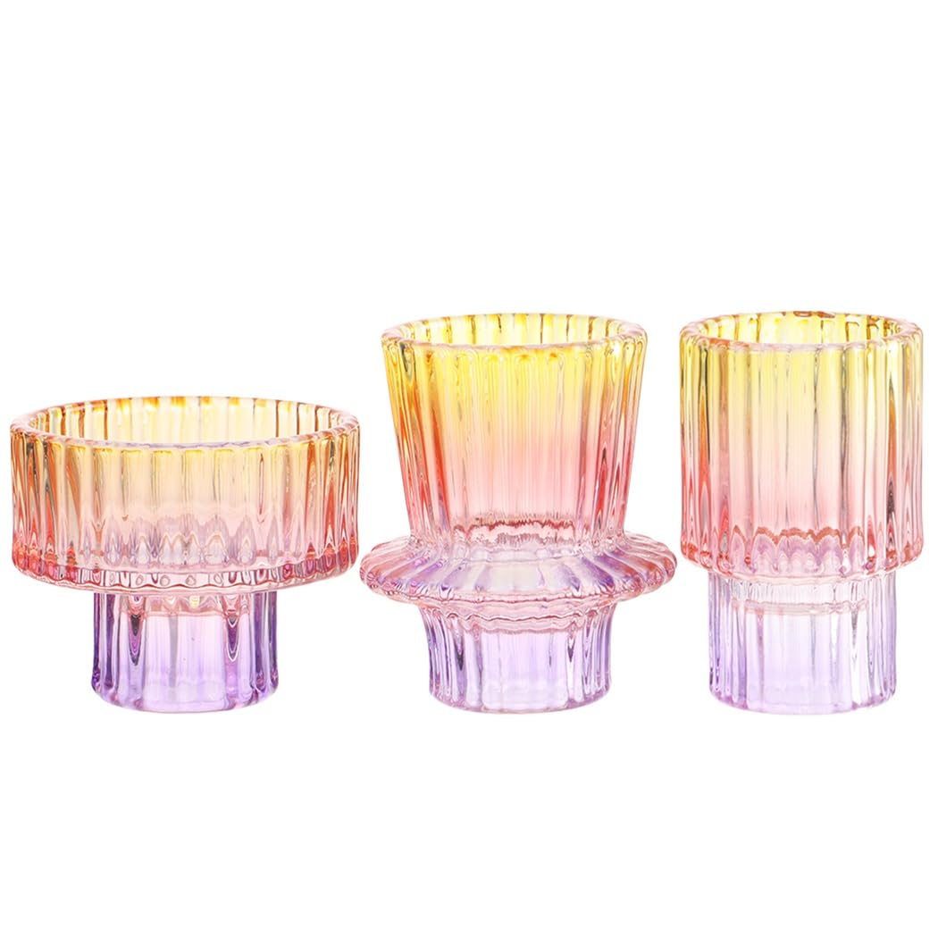 Set of 3 Colorful Glass Candlestick Holders for Taper, Tealight, and Pillar Candles – Perfect for Weddings, Parties, and Festivals