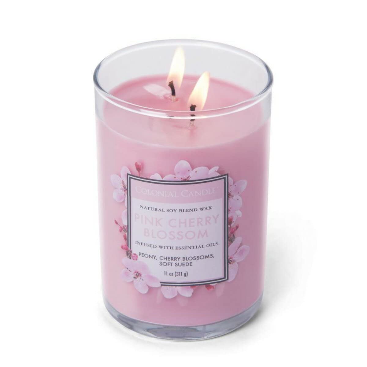 Colonial Candle Pink Cherry Blossom Scented Jar Candle, Classic Cylinders Collection, 2 Wick, Red, 11 oz - Up to 80 Hours Burn