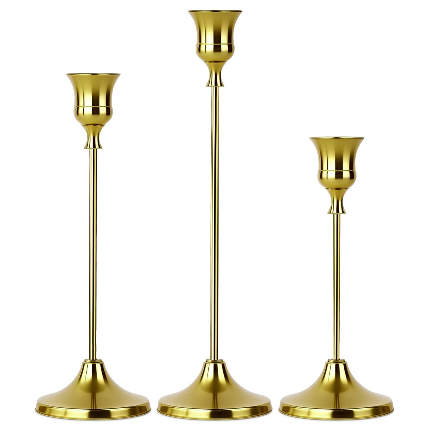 Set of 3 Brass Tapered Candle Holder,Candlestick Tall Metal Candlestick Holders for Table Centerpiece Home Decor for Wedding Fireplace Mantel Housewarming Gift Fits 3/4 Inch Thick Candles