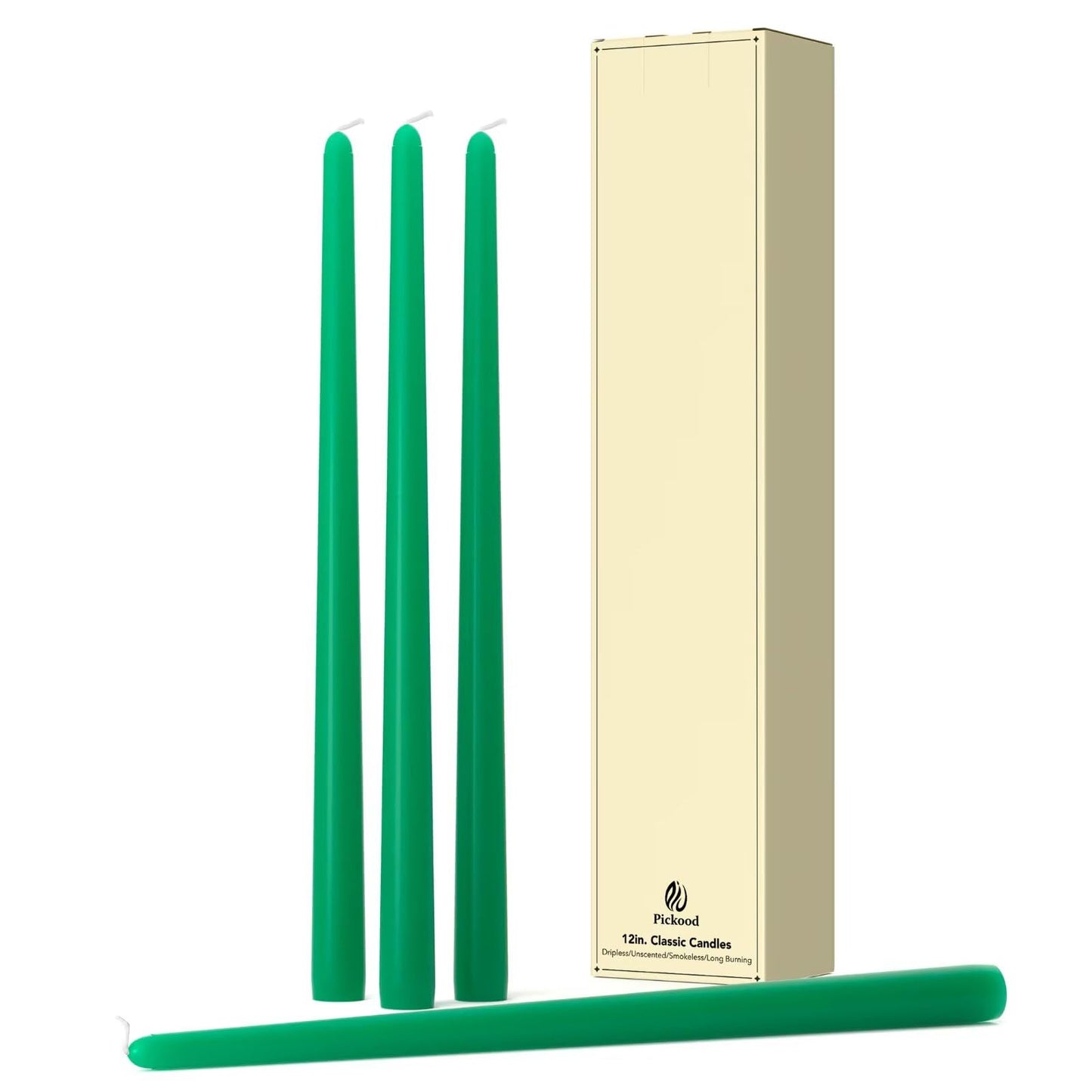 Pickood 12-Inch Tall Dripless Taper Candles Set of 4 - Emerald Tapered Candles, Perfect for Spring - Smokeless, Unscented, Long Burning - Hand Poured, Colored Tall Candlesticks - Jade