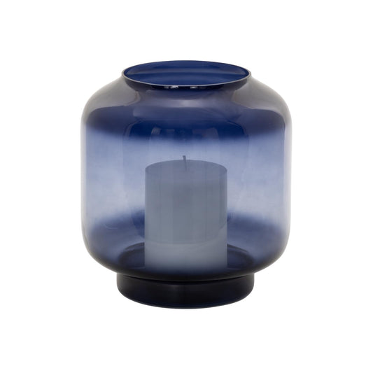 Deco 79 Glass Room Hurricane Lamp Tinted Wide Hurricane Candle Holder with Elevated Base, Table Centerpiece Lamp 7" x 7" x 8", Blue