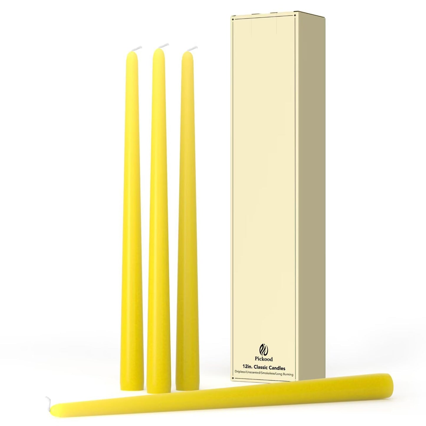 Pickood 12-Inch Tall Dripless Taper Candles Set of 4 - Yellow Tapered Candles, Perfect for Spring - Smokeless, Unscented, Long Burning - Hand Poured, Colored Tall Candlesticks - Light Yellow