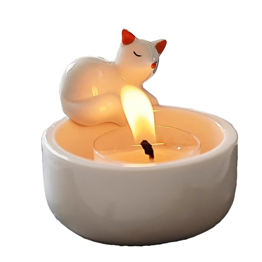 WARMCITY Handmade Animal Candle Holder, Lovely Kitten Canlestick Holder, Cartoon Figures Warming Its Paws Cute Light Holder for Candle Lovers- Candle NOT Included (Fox Red)