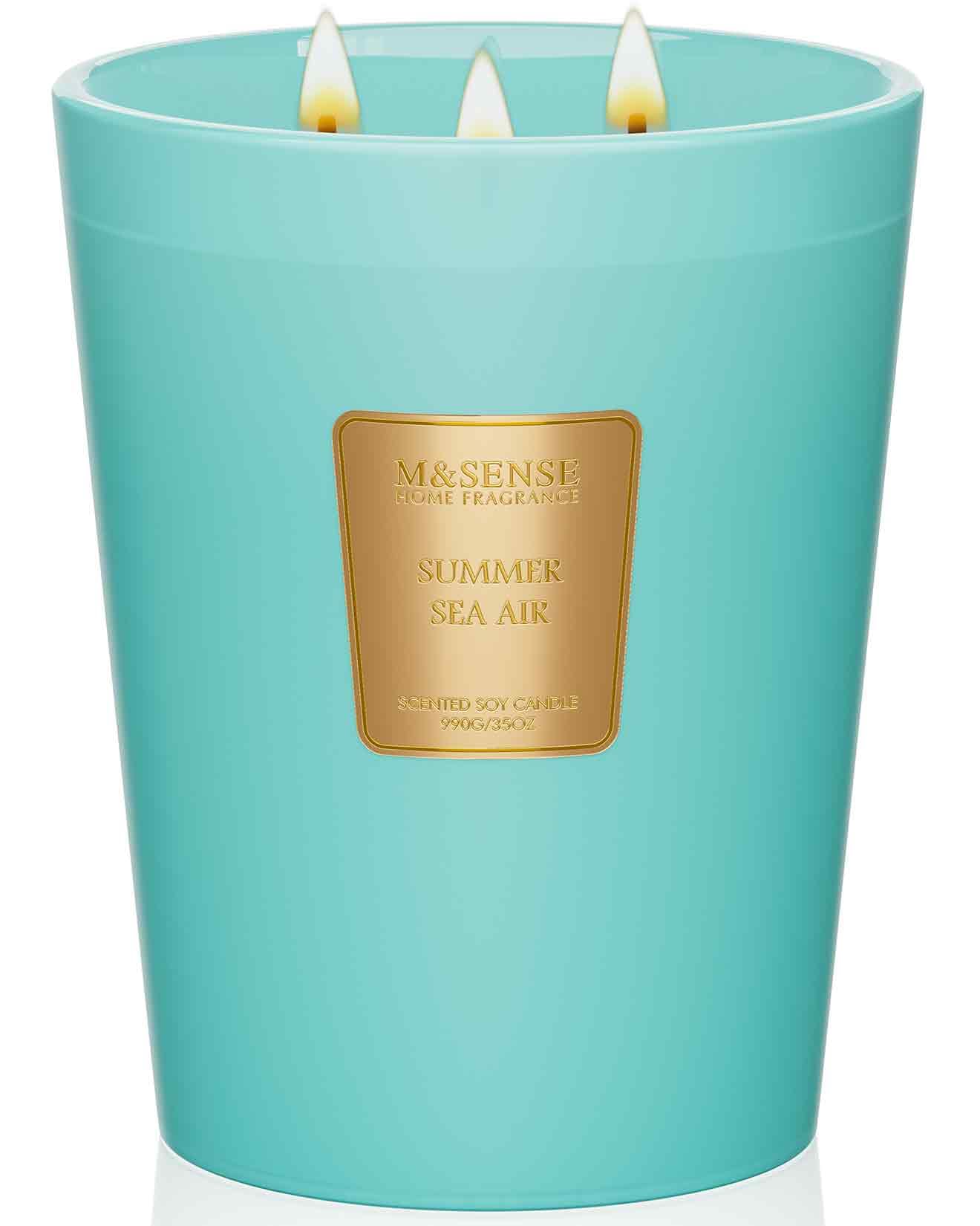 M&SENSE Summer Sea Air Scented Candle, 35oz 3 Wick Extra Large Natural Soy Wax Candles 150 Hours Long Lasting Slow Burning, Candles Gift for Summer Home Decor