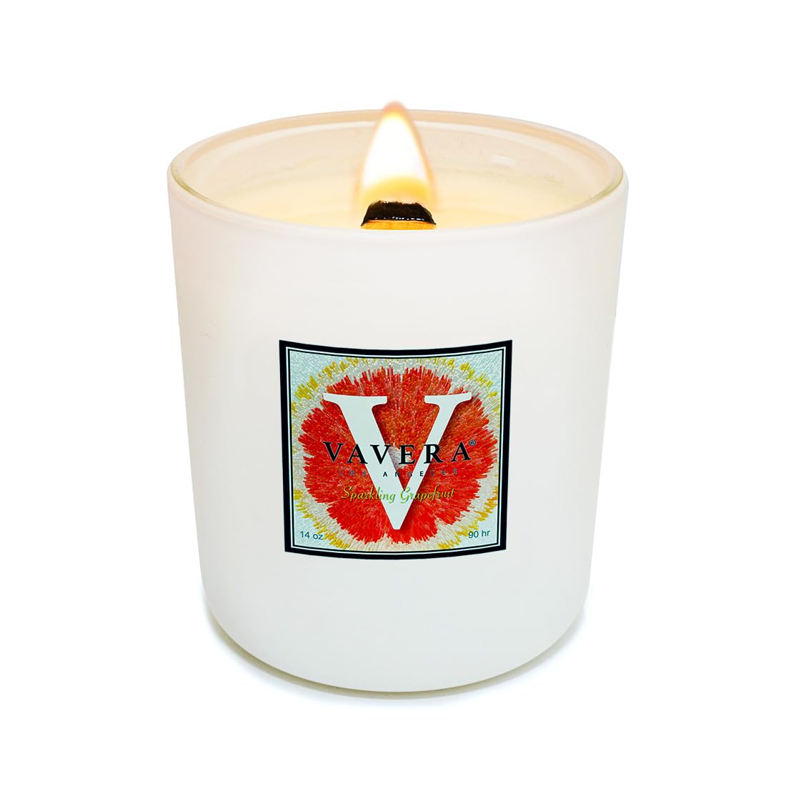 VAVERA Sparkling Grapefruit Wood Wick Candles that Crackle (14oz Matte White Candle Jar) Juicy, Crisp Freshness. Crossover Gifts for Mom or Men! Non Toxic Scented Candle, Hand-Crafted in USA.