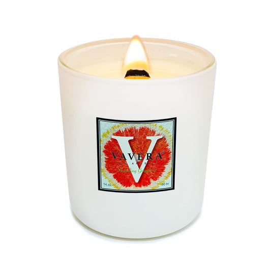 VAVERA Sparkling Grapefruit Wood Wick Candles that Crackle (14oz Matte White Candle Jar) Juicy, Crisp Freshness. Crossover Gifts for Mom or Men! Non Toxic Scented Candle, Hand-Crafted in USA.