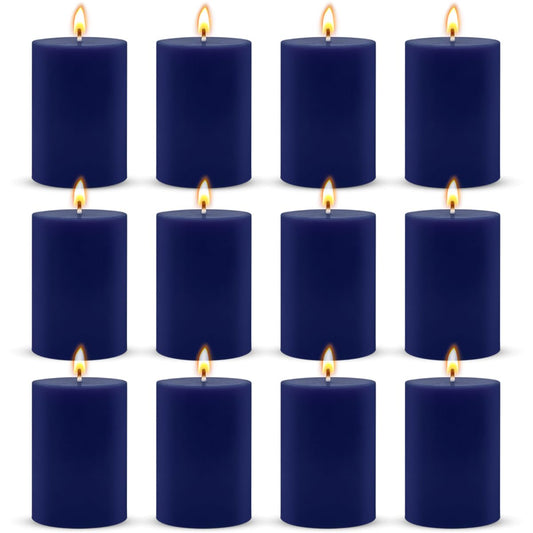 2x3 Inch Navy-Blue Pillar Candles, 12 Pack Unscented Column Candles for Home Restaurants Spa Church Weddings, Smokeless Dripless and Clean Burning Emergency Candle