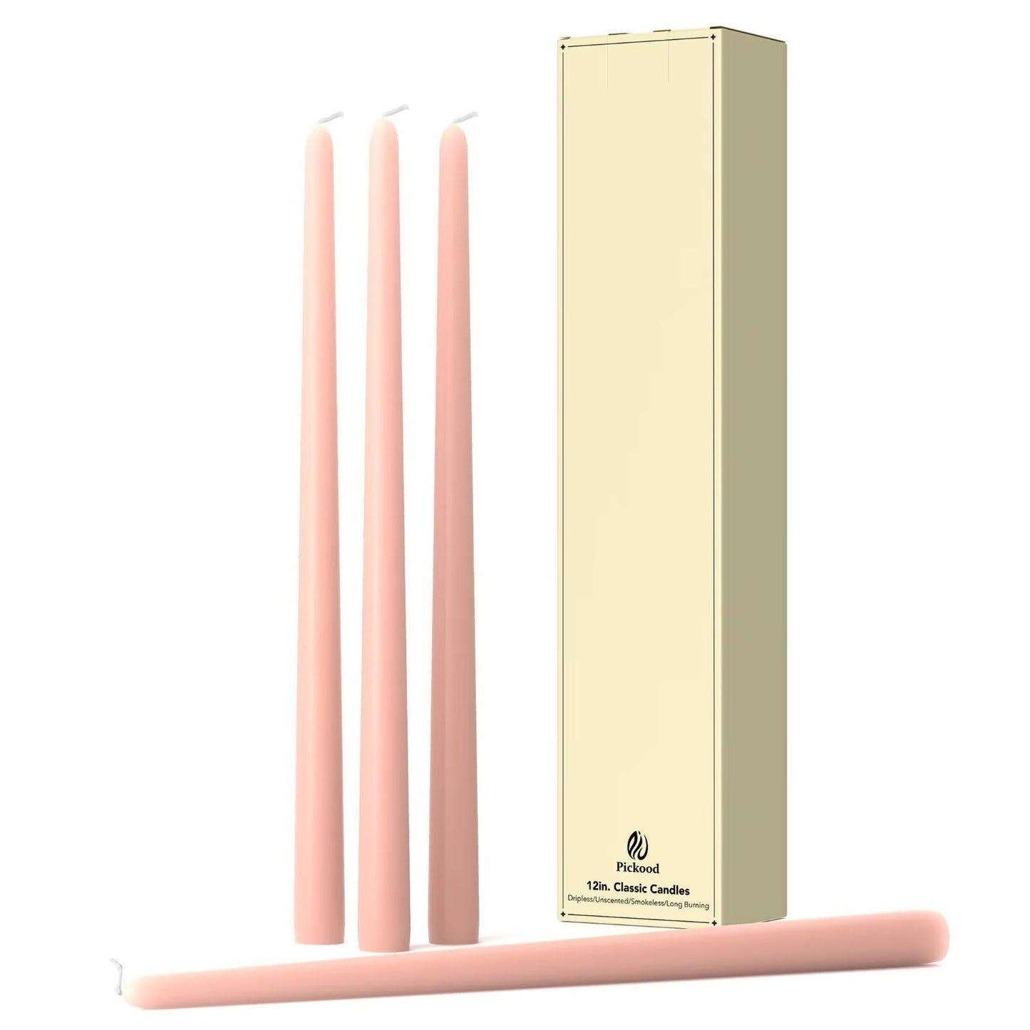 Pickood 12-Inch Tall Dripless Taper Candles Set of 4 - Pearl Pink Tapered Candles, Perfect for Christmas - Smokeless, Unscented, Long Burning - Hand Poured, Colored Tall Candlesticks - Rosa Perla