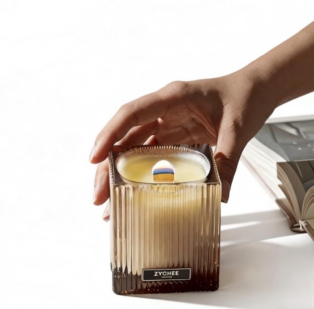 Art Deco White Tea Scented Candle, 7oz Natural Soy Wax, Cherry Wood Wick with Crackling Sound, Roman Column Glass Jar, 60H Burn Time, Vanilla & Vetiver Aromatherapy for Home Decor & Relaxation