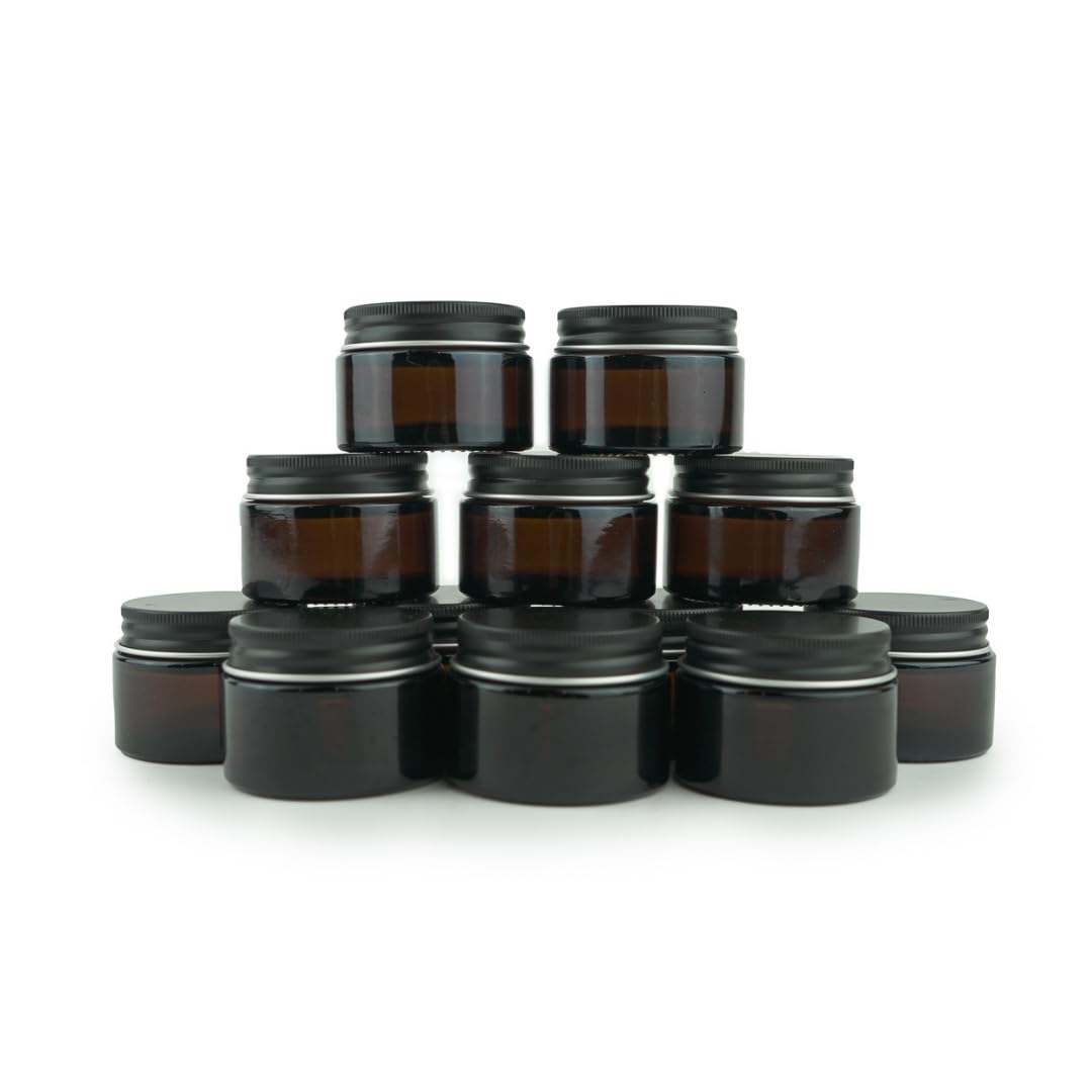 Nature Packaged Glass Amber 1oz Jar - 12 Packs, Lead-Free Empty Round Jars For Beauty Products, Lotion, and Powders - Black Lid - Small Candle Jars