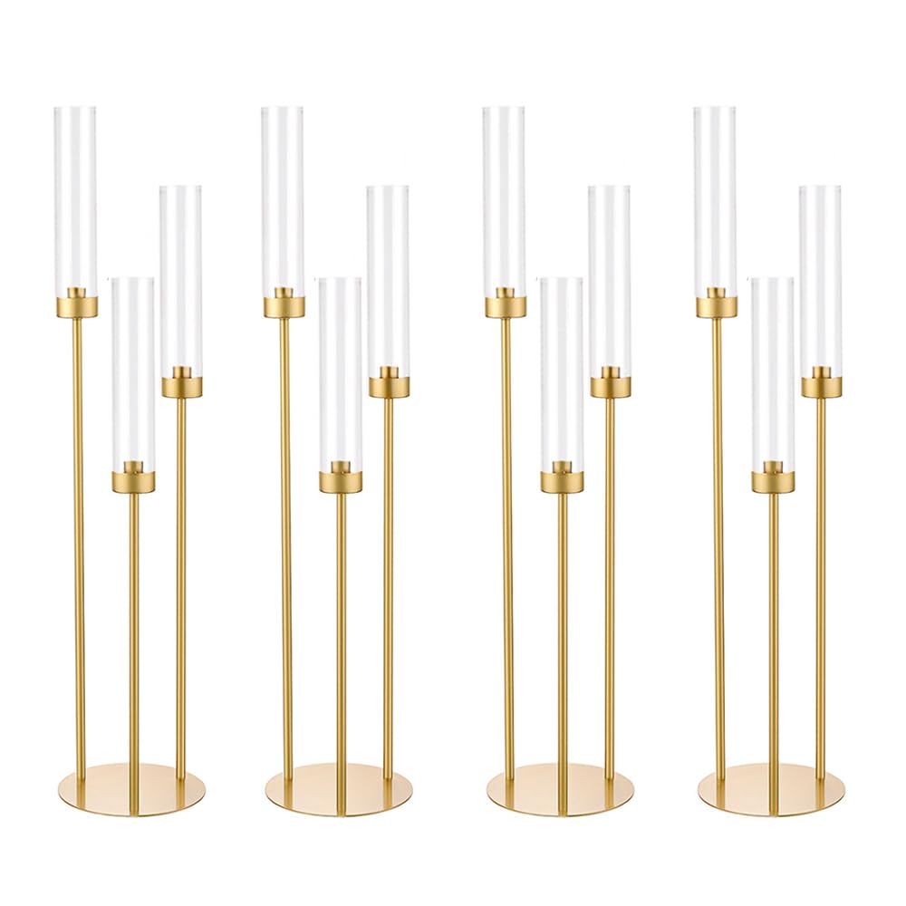 Vincidern 4pcs Gold Candelabra 3 Arm Taper Candle Holders with Acrylic Lampshade, 33.8'' Tall Candelabra Centerpiece for Table, Wedding, Party, Events Decorations, Candlestick Holders Fit LED Candles