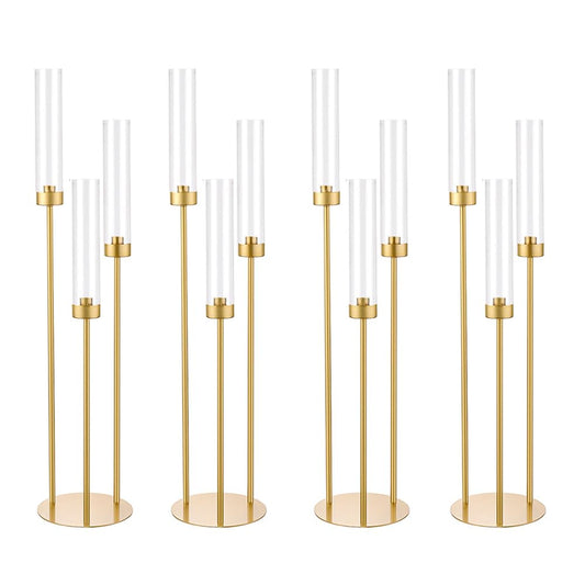 Vincidern 4pcs Gold Candelabra 3 Arm Taper Candle Holders with Acrylic Lampshade, 33.8'' Tall Candelabra Centerpiece for Table, Wedding, Party, Events Decorations, Candlestick Holders Fit LED Candles