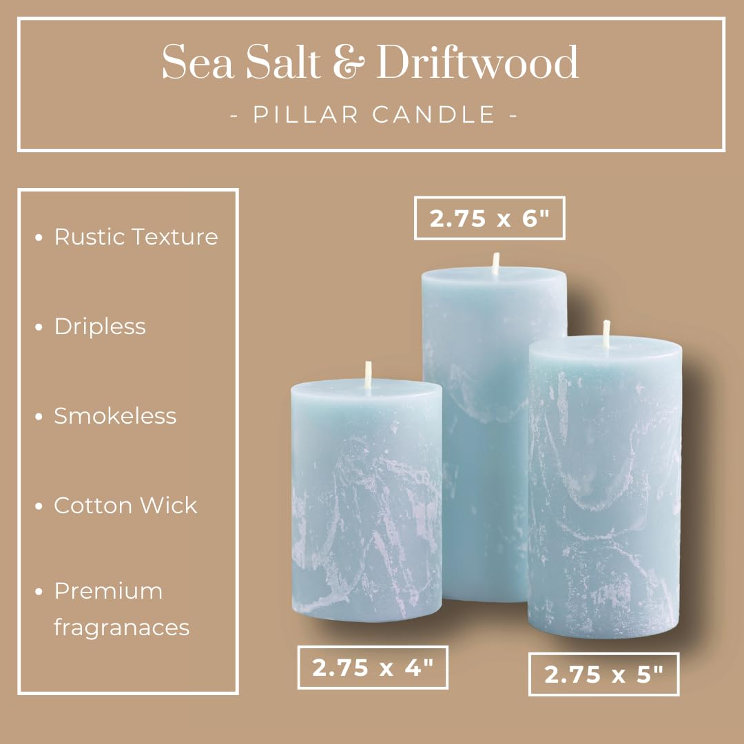 Becky Home Blue Scented Pillar Candles Set of 3, 3x4, 3x5, 3x6 Light Blue Candles, Sea Salt and Driftwood Pilar Scented Candle, Ideal as Wedding, Parties, Spa, Dinner, Home Decor, Church