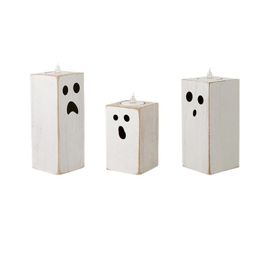 3PCS Halloween Wood Tealight Candle Holders Rustic Wooden Ghost Theme Table Sign Blocks with Tea Light Candle Holder for Farmhouse Centerpieces, Office, Tiered Tray, Shelf Décor