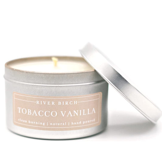 River Birch Candles Tobacco Vanilla Scented Candle | Premium, All-Natural, Non-Toxic, Soy Candles | 8 oz. Silver Tin Travel Candle | Cozy Relaxing Gifts for Home