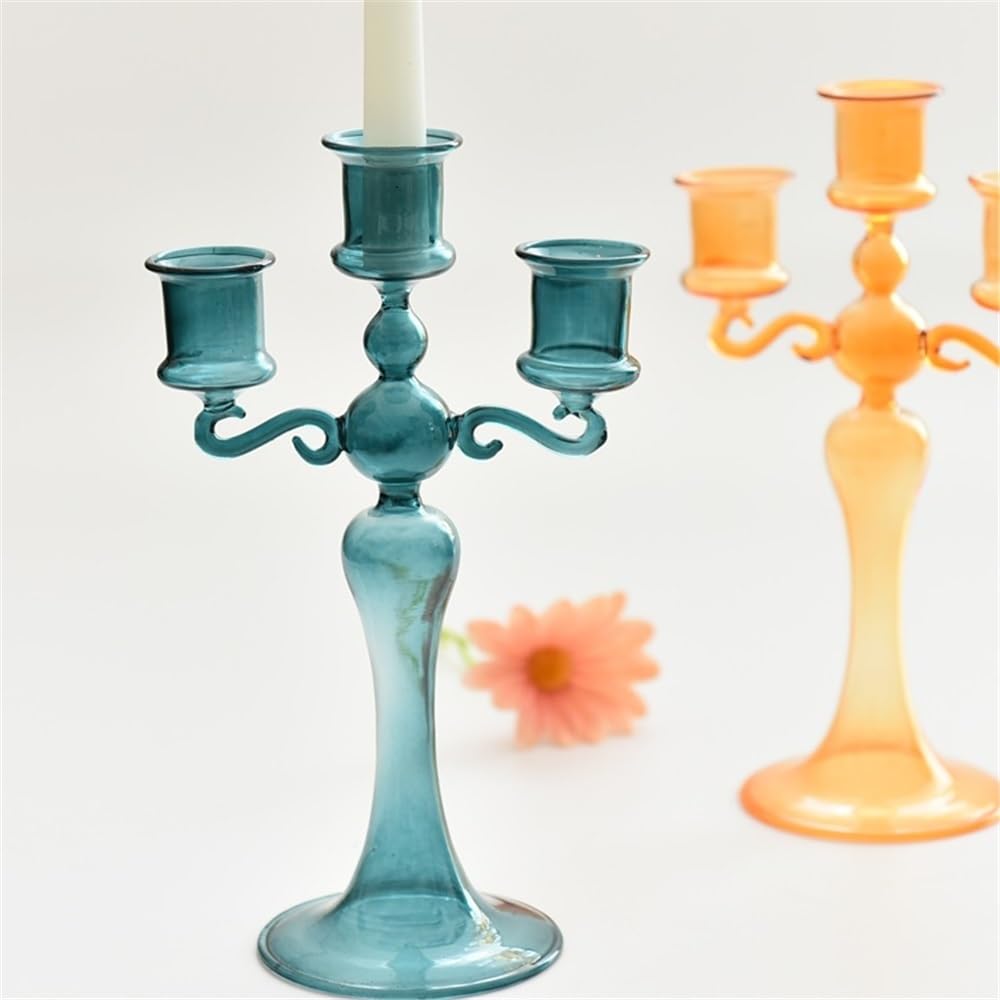 Candlestick Holders Creative Glass Candlestick Colorful Three-Head Candlestick Home Decoration Wedding Shooting Props Candle Holders(Blue)