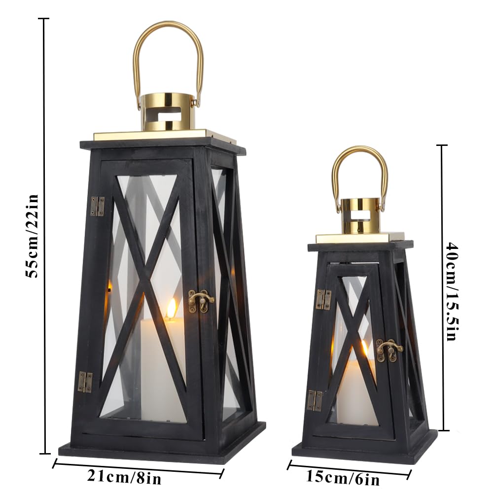 TRIROCKS Set of 2 Farmhouse Wood Candle Lantern 22'' &15.5'' H Decorative Candle Holders with Tempered Glass Rustic Hanging Lantern for Garden Patio Wedding Parties Indoor Outdoor(Black Trapezoid)