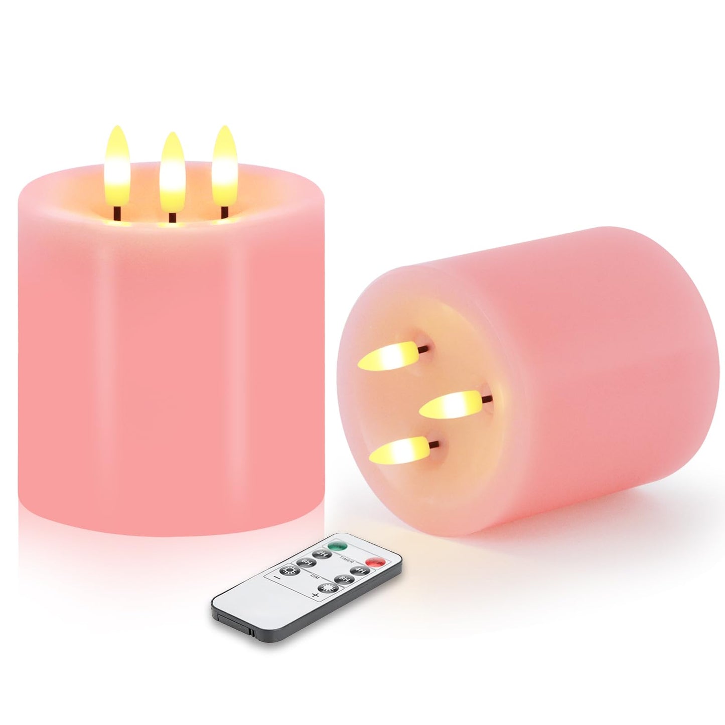 Large 3 Wick Flameless Candles Set of 2, 4"x4" Flickering Flameless Candles with Remote & Timer, Dimmable Real Wax LED Candles Battery Operated, Pink Pillar Candles for Wedding Valentine's Day Decor