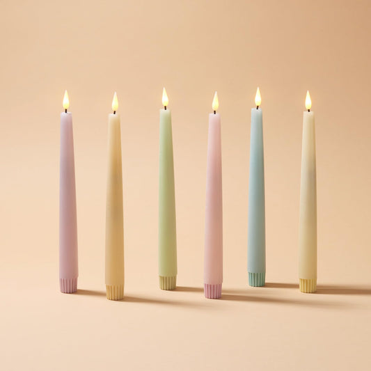 LampLust Flameless Taper Candles with Remote, 9 Inch, 6 Pack Multicolor Pastel LED Candle Sticks, Flickering Flameless Candles for Baby Shower Decoration, Gender Reveal and Summer Table Decor