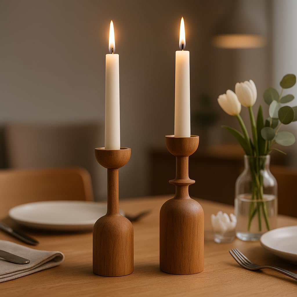 Wooden Taper Candle Holder Set of 2 - Modern Minimalist Natural Wood Candlestick Holders Fits 7/8” Taper Candles - Scandinavian Japandi Boho Farmhouse Décor for Dining Table Mantel Living Room