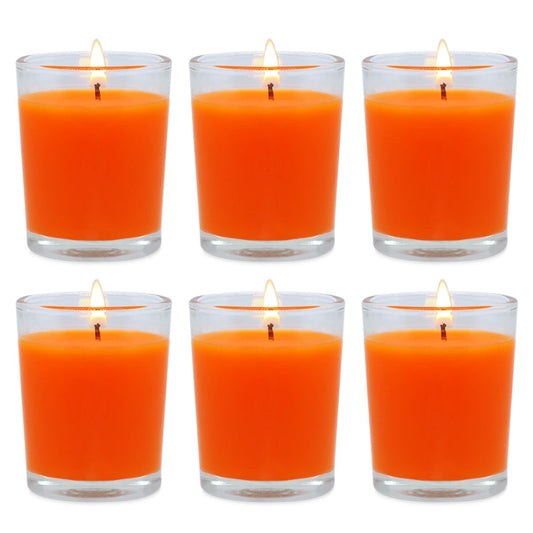 6 Pack Unscented Orange Votive Candles in Glass, 2 Inch Natural Soy Wax Scentless Fall Harvest Autumn Candles for Halloween Thanksgiving Wedding Party Home Holiday Relaxation, 12-15 Hour Burning Time