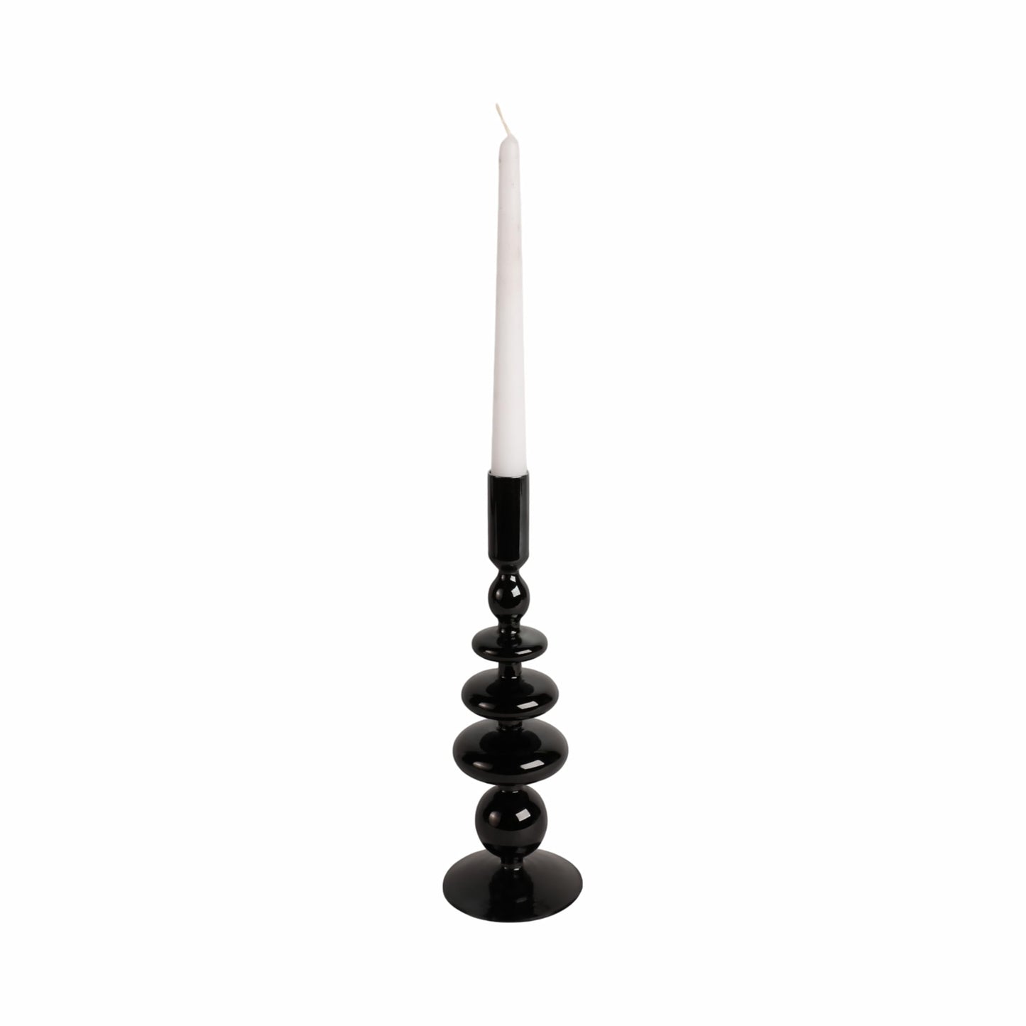 Glass Taper Candle Holder - Candle Holder for Sculptural Candlelight - Dining Room Table Decor or Mantel Display - Modern Disc and Sphere Design Accent, Home Decor – 11", Black
