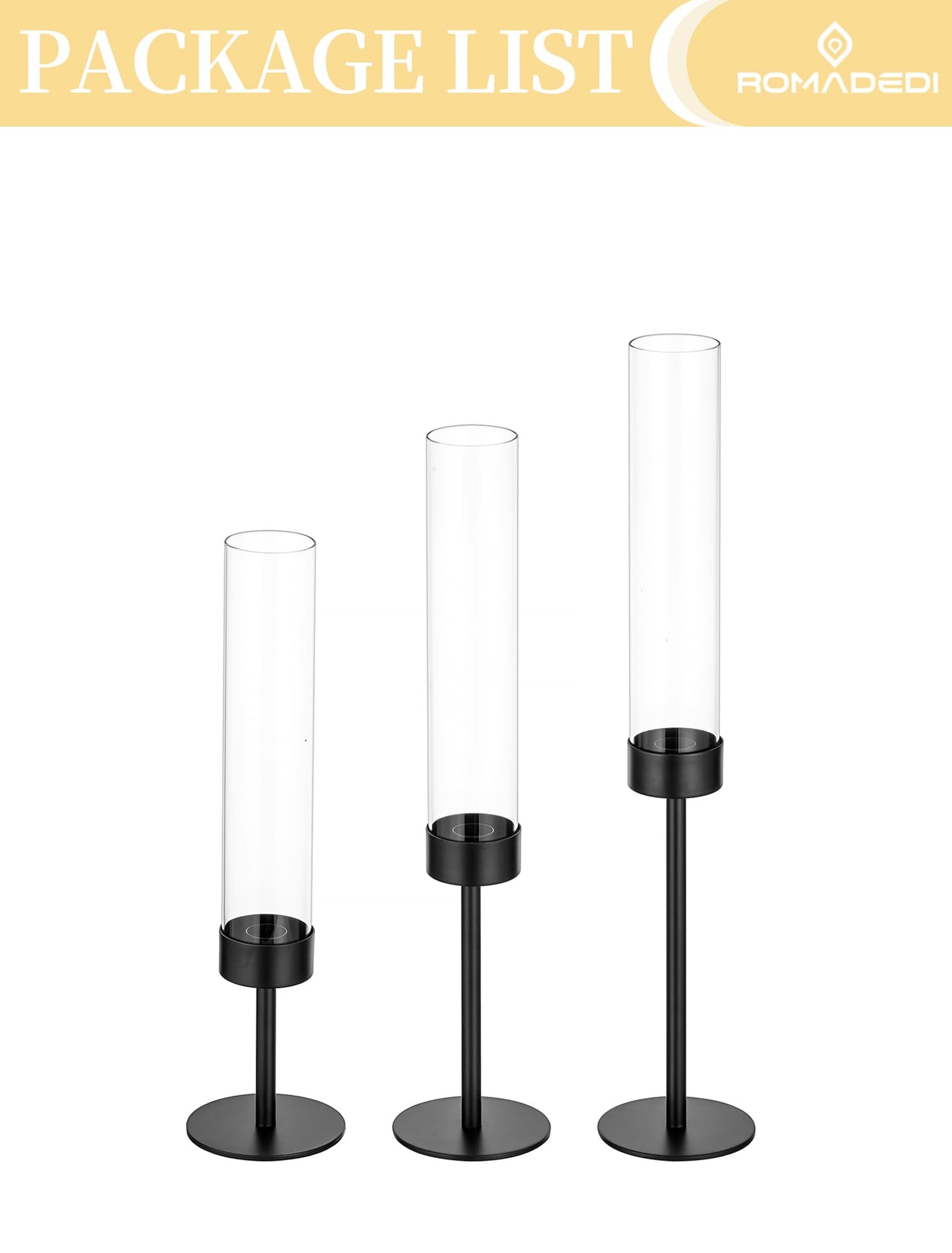 Romadedi Black Candlestick Holders Hurricane - Metal Taper Candle Holder Tall Windproof Glass Cylinder for Indoor Outdoor Table Centerpiece Christmas Halloween Modern Home Decor Set of 3