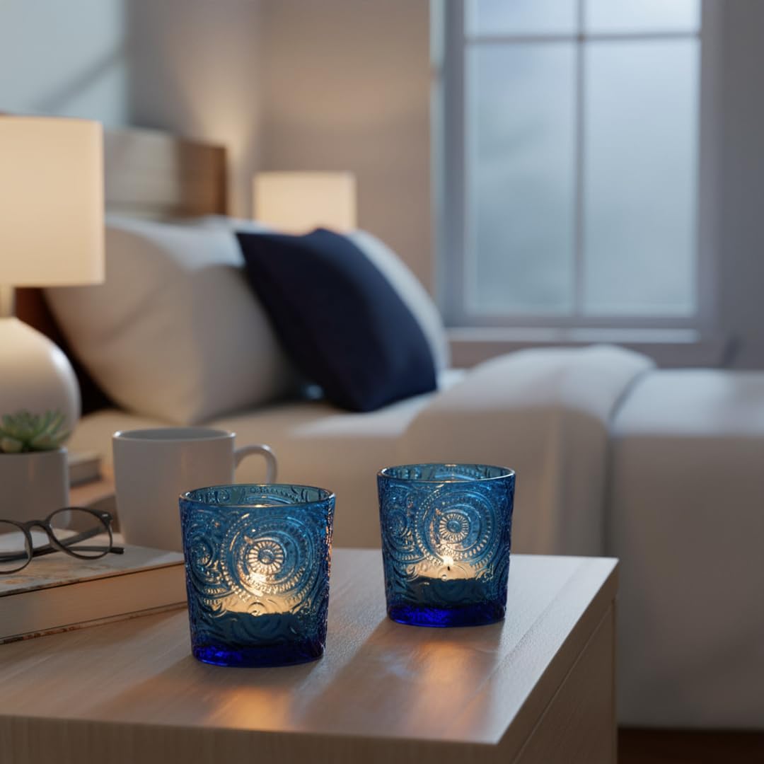 6 Pack Patented Sun Moon Star Embossed Glass Tea Light Candle Holders - Unique Votive Candle Holders for Wedding, Party, and Table Centerpieces (Ocean Blue)