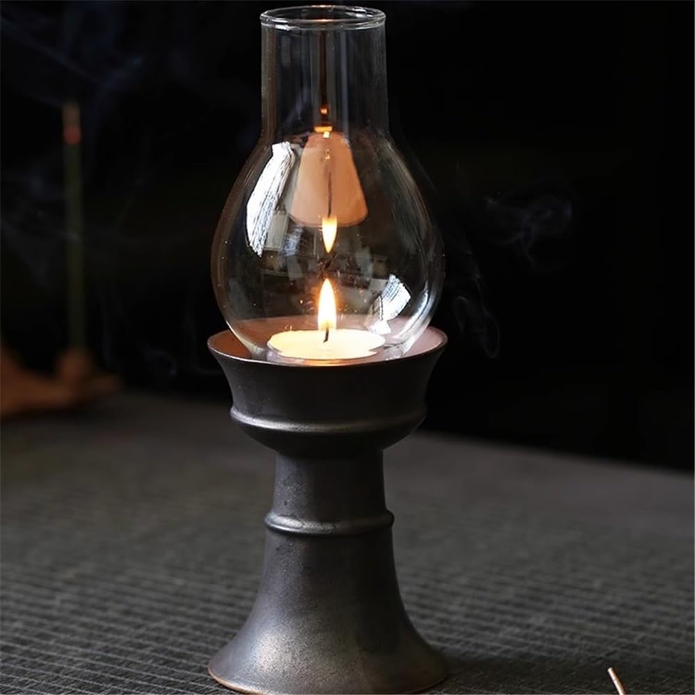 Candlesticks Ceramic Candle Holder with Glass Lampshade Retro Home Aromatherapy Candle Holder Decorative Ornaments Decorative Candle Holder(Black)