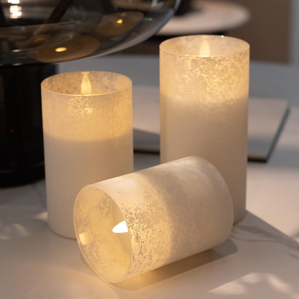 ANGELLOONG White Candles Battery Operated, White Flameless Candles with Remote, Set of 3 Spring Electric Fake LED Pillar Candle in Glass for Home Decor Wedding Decoration
