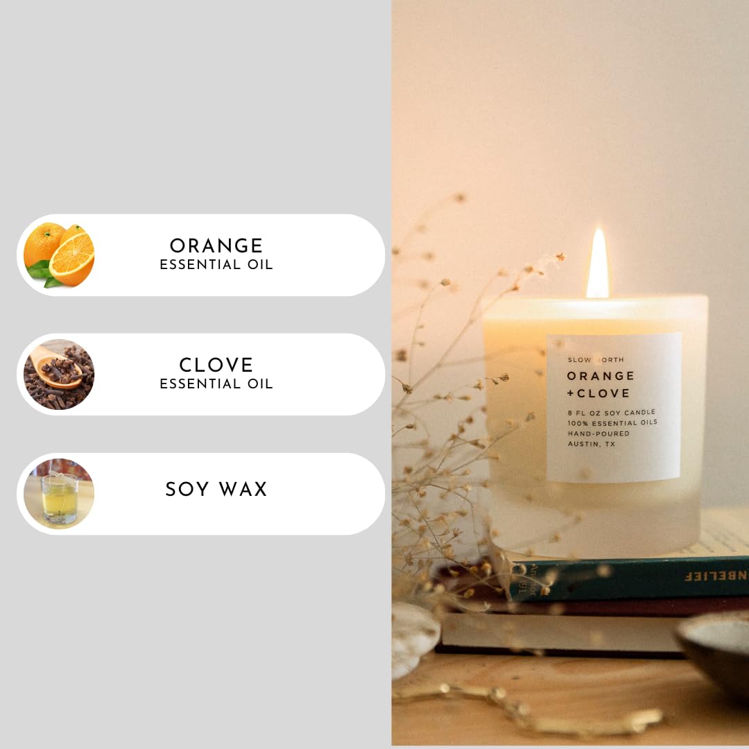 Slow North Orange + Clove Candle - Essential Oils and Pure Soy Wax Candle in a Reusable Frosted Glass Jar - A Unique and Mindful Scented Candle Hand-Poured in the USA (8 oz)