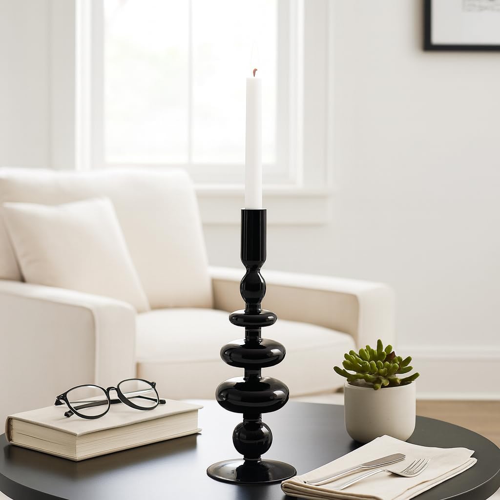 Glass Taper Candle Holder - Candle Holder for Sculptural Candlelight - Dining Room Table Decor or Mantel Display - Modern Disc and Sphere Design Accent, Home Decor – 11", Black