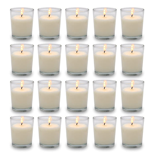 Set of 20 White Votive Candles Clear Glass Filled Unscented Soy Wax Candle for Home Spa Weddings Birthday Holidays Party and DIY