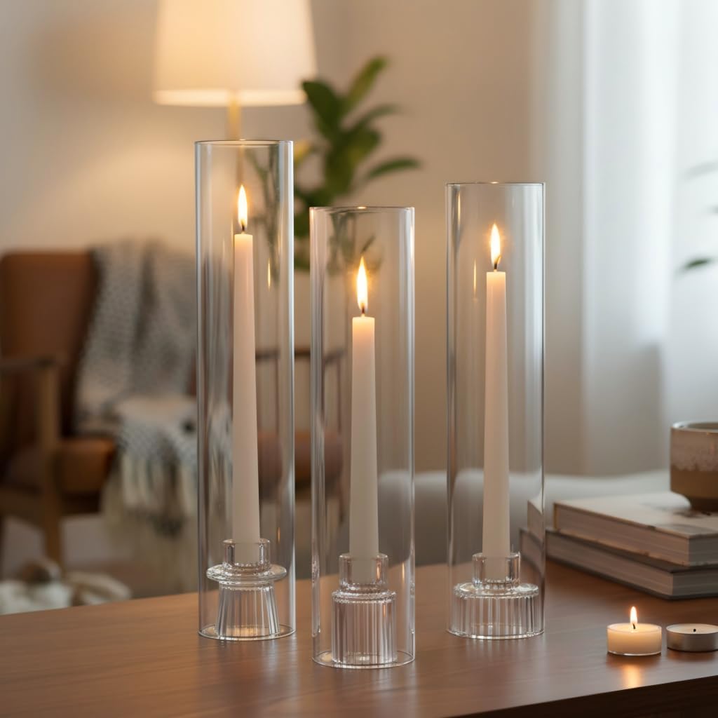NITIME 3 Set Hurricane Glass Candle Holders for Taper Candles, Candlestick Holders with Windproof Glass Tubes(11.8"/12.6"/13.8" H), Taper Candle Holders for Table Centerpieces, Wedding, Party Decor